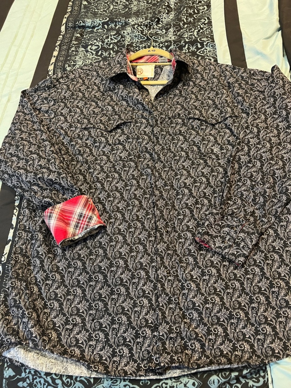 Roper Black Paisley Button-Down Shirt with Red Plaid Cuff